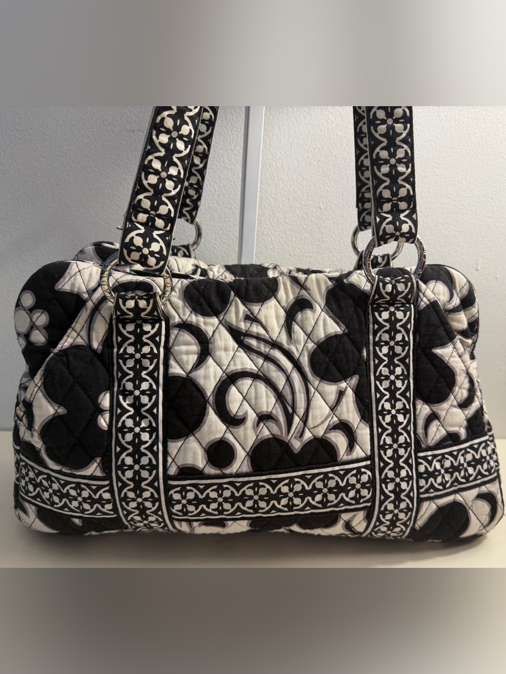 Vera  Bradley Bowler Bag in the black and white “Night and Day” pattern.